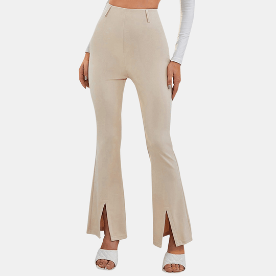 Hoge Taille Pantalon Dames van Stretchstof met Flared Design en Voorsplit - ZovaFashion - Lange Broek Dames