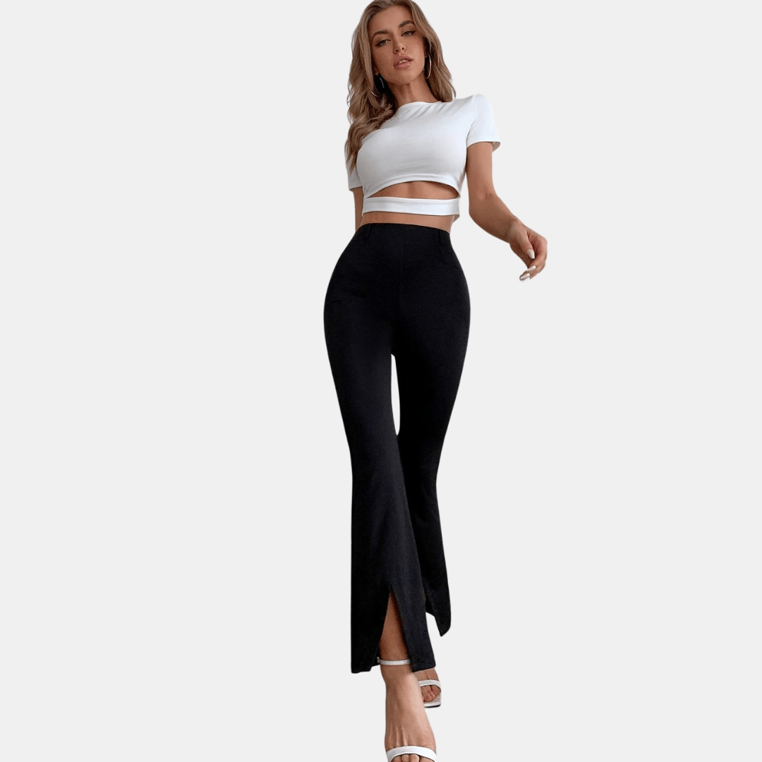 Hoge Taille Pantalon Dames van Stretchstof met Flared Design en Voorsplit - ZovaFashion - Lange Broek Dames