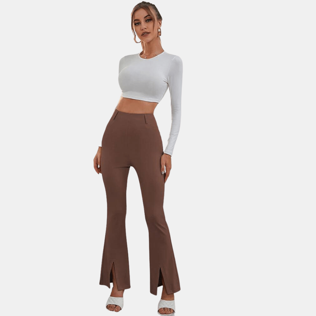 Hoge Taille Pantalon Dames van Stretchstof met Flared Design en Voorsplit - ZovaFashion - Lange Broek Dames