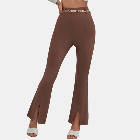 Hoge Taille Pantalon Dames van Stretchstof met Flared Design en Voorsplit - ZovaFashion - Lange Broek Dames