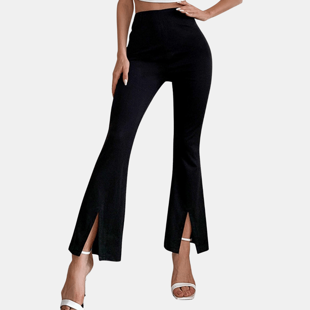 Hoge Taille Pantalon Dames van Stretchstof met Flared Design en Voorsplit - ZovaFashion - Lange Broek Dames