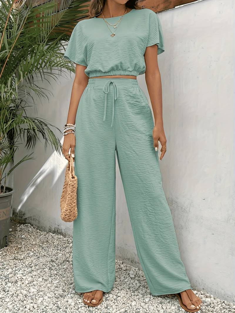 Isabella Pantalon Dames Set met Batwing Mouwen en Elastische Tailleband - ZovaFashion - Lange Broek Dames