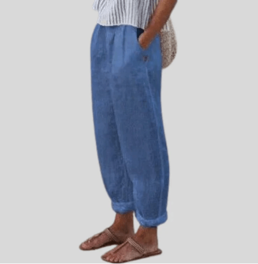Isabelle Moreau Pantalon Dames van Katoen met Hoge Taille en Relaxed Fit - ZovaFashion - Lange Broek Dames