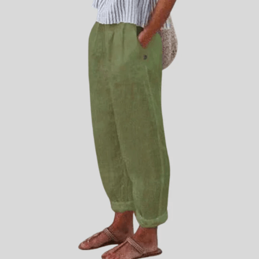 Isabelle Moreau Pantalon Dames van Katoen met Hoge Taille en Relaxed Fit - ZovaFashion - Lange Broek Dames