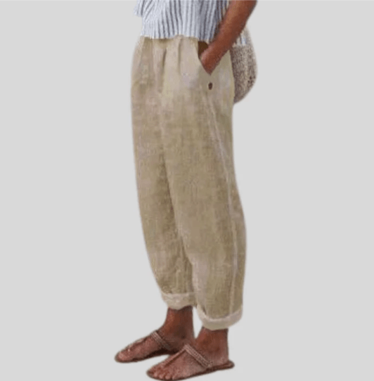Isabelle Moreau Pantalon Dames van Katoen met Hoge Taille en Relaxed Fit - ZovaFashion - Lange Broek Dames