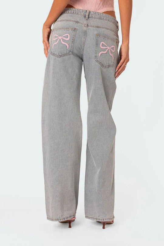 Ivette Spijkerbroek Dames met Borduursel en Strikdetail - Trendy Denim met Relaxed Fit - ZovaFashion - Spijkerbroek Dames