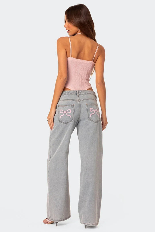 Ivette Spijkerbroek Dames met Borduursel en Strikdetail - Trendy Denim met Relaxed Fit - ZovaFashion - Spijkerbroek Dames