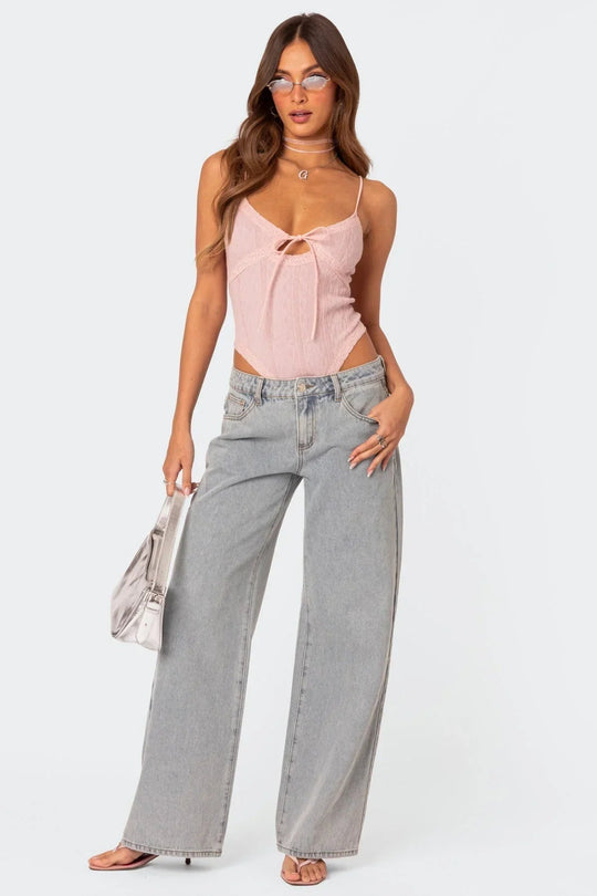 Ivette Spijkerbroek Dames met Borduursel en Strikdetail - Trendy Denim met Relaxed Fit - ZovaFashion - Spijkerbroek Dames