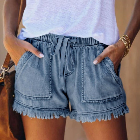 Katoenen Korte Broek Dames met Elastische Tailleband en Ruime Zakken - Zova - Fashion