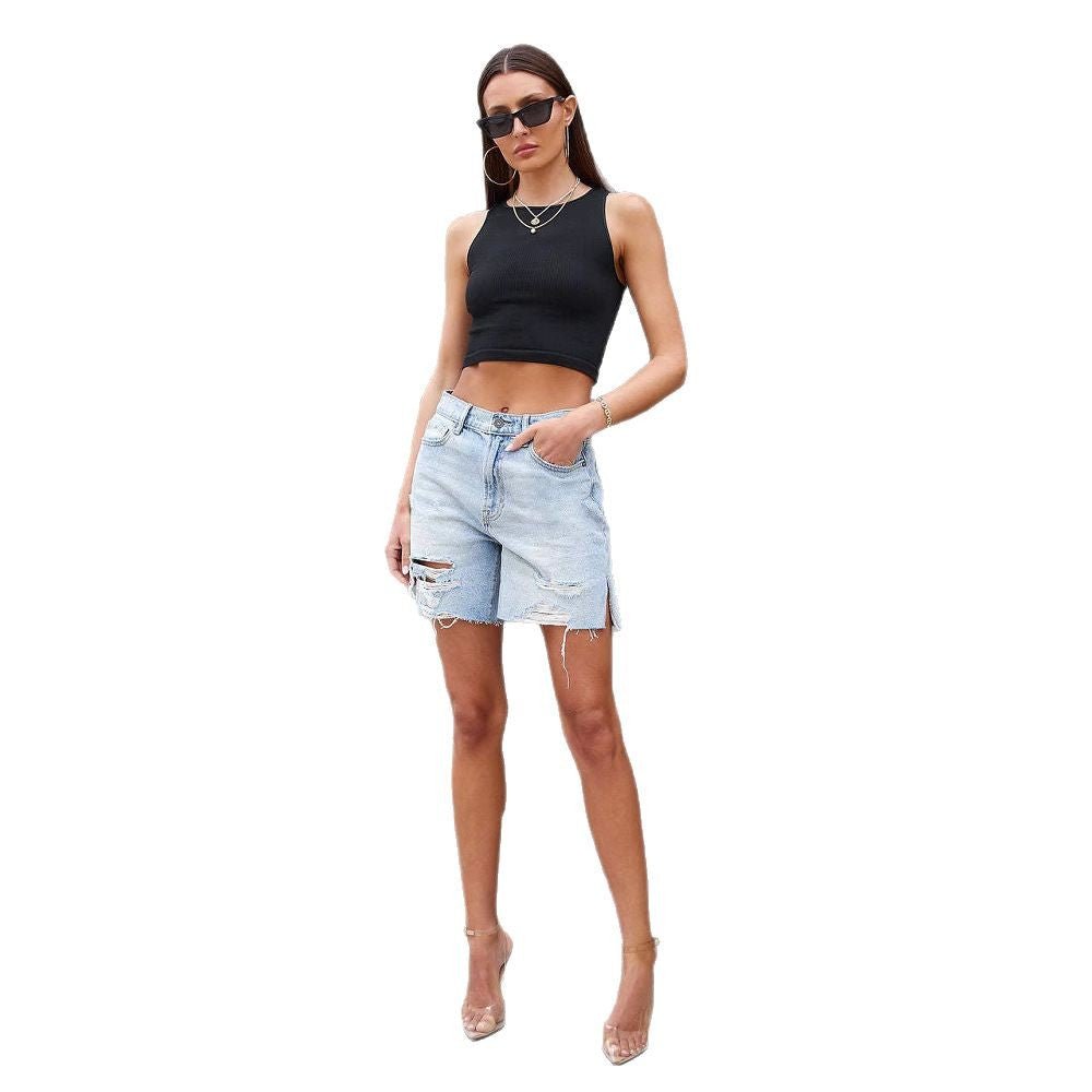 Katoenen Korte Broek Dames met Relaxed Fit en Distressed Details - ZovaFashion - Korte Broek Dames
