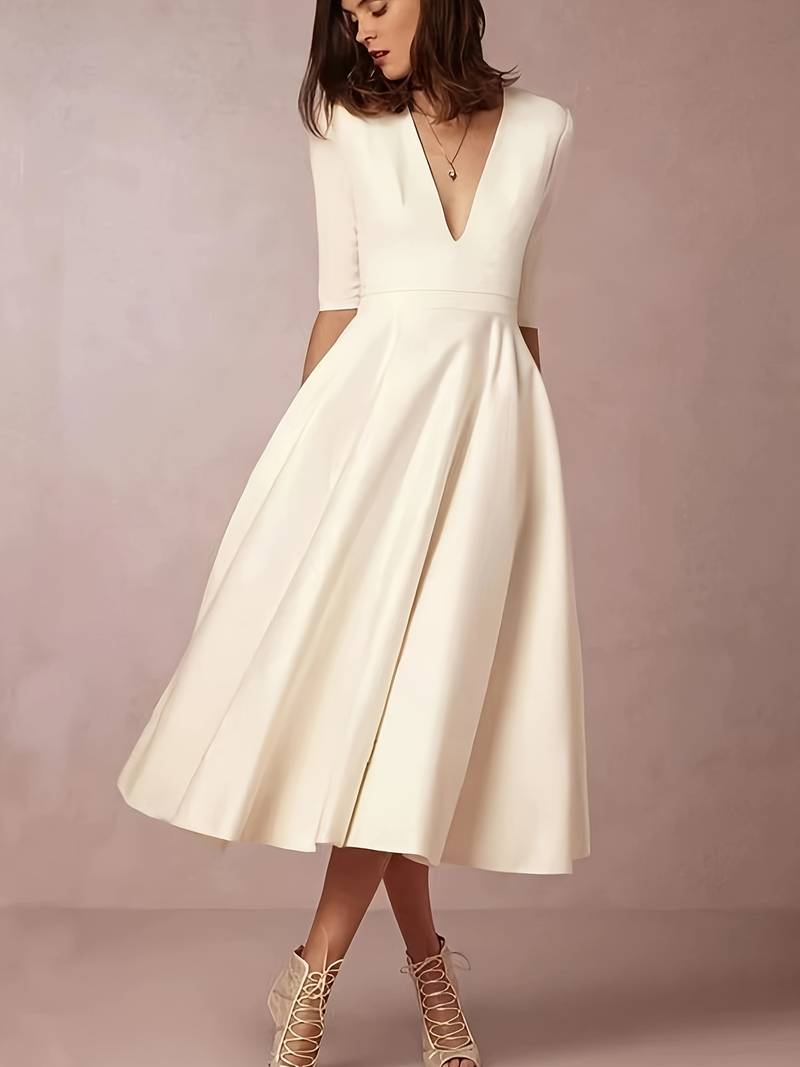 Katoenen Midi Zomerjurk Dames met V - Hals en 3/4 Mouw - ZovaFashion - Midi Jurk