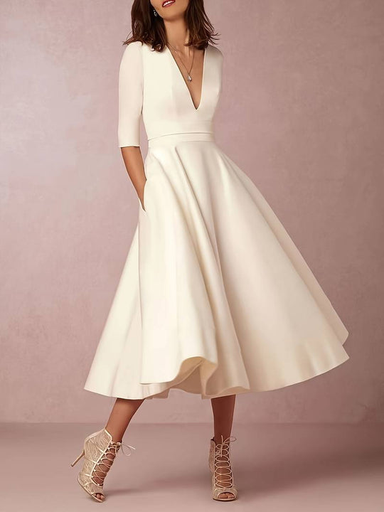 Katoenen Midi Zomerjurk Dames met V - Hals en 3/4 Mouw - ZovaFashion - Midi Jurk