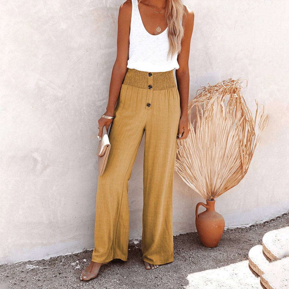 Katoenen Pantalon Dames met Hoge Taille en Wijde Pijpen - Elastische Tailleband en Knoopdetails - ZovaFashion - Lange Broek Dames