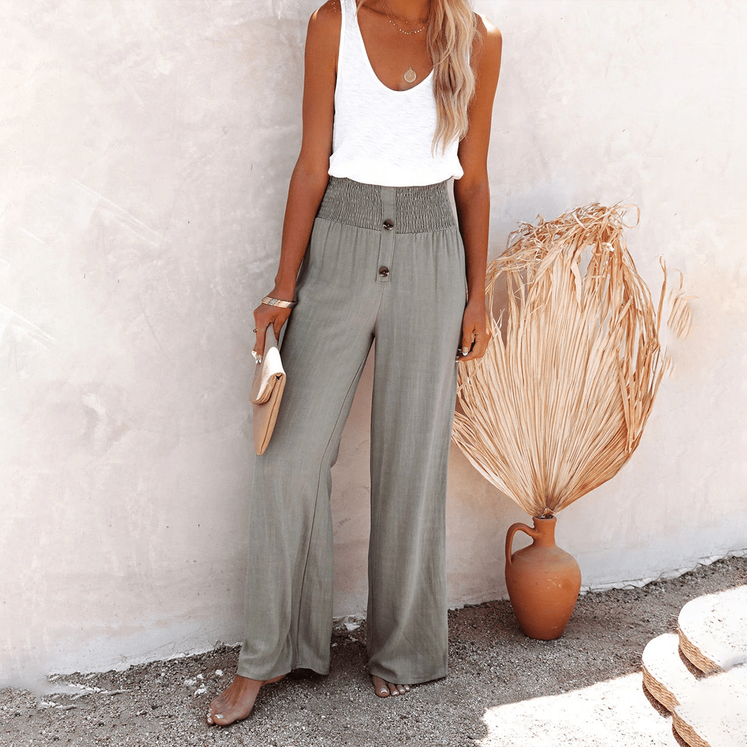 Katoenen Pantalon Dames met Hoge Taille en Wijde Pijpen - Elastische Tailleband en Knoopdetails - ZovaFashion - Lange Broek Dames