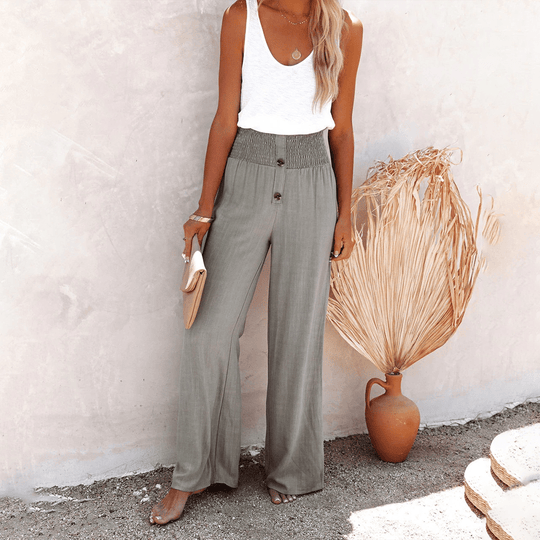 Katoenen Pantalon Dames met Hoge Taille en Wijde Pijpen - Elastische Tailleband en Knoopdetails - ZovaFashion - Lange Broek Dames