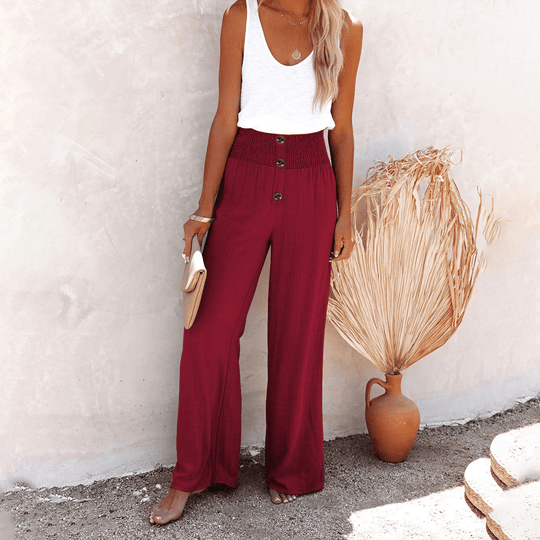 Katoenen Pantalon Dames met Hoge Taille en Wijde Pijpen - Elastische Tailleband en Knoopdetails - ZovaFashion - Lange Broek Dames