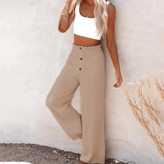 Katoenen Pantalon Dames met Hoge Taille en Wijde Pijpen - Elastische Tailleband en Knoopdetails - ZovaFashion - Lange Broek Dames