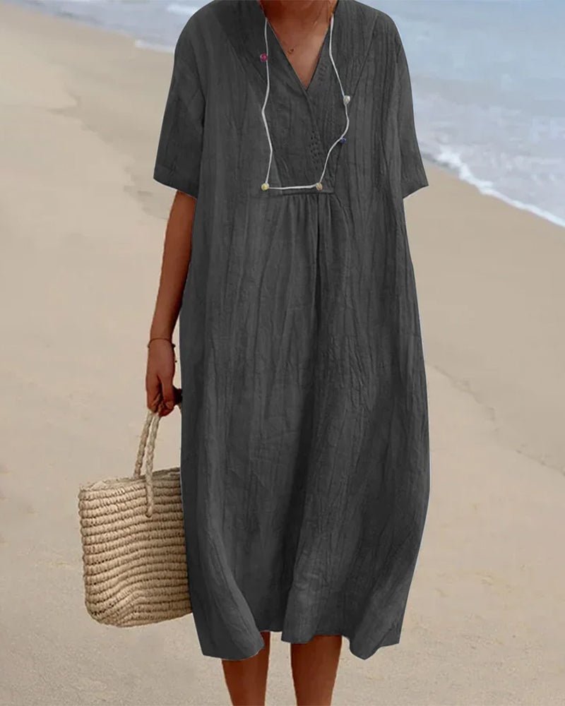 Kayla Midi Zomerjurk met V - Hals en Relaxed Fit - Tijdloze Elegantie voor Elke Gelegenheid - ZovaFashion - Midi Jurk