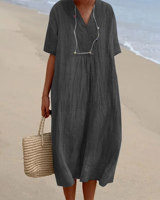 Kayla Midi Zomerjurk met V - Hals en Relaxed Fit - Tijdloze Elegantie voor Elke Gelegenheid - ZovaFashion - Midi Jurk