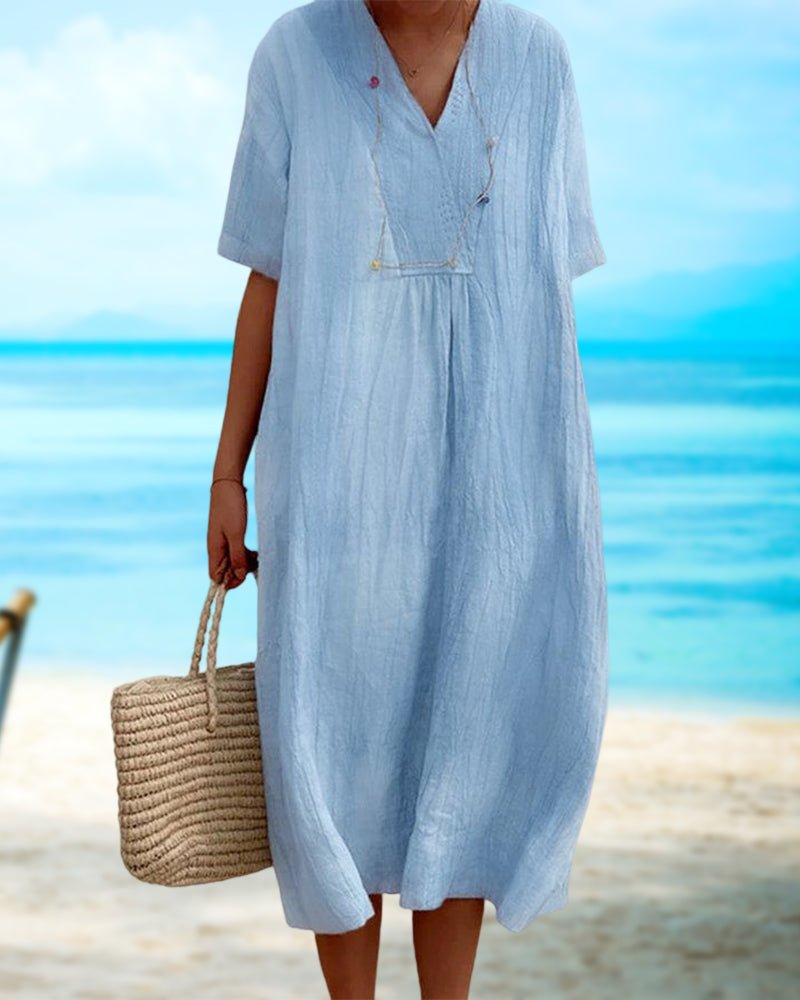 Kayla Midi Zomerjurk met V - Hals en Relaxed Fit - Tijdloze Elegantie voor Elke Gelegenheid - ZovaFashion - Midi Jurk