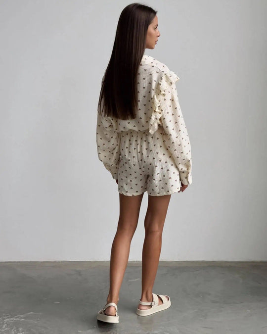 Korte Broek Dames Volledige Set met Ruffled Mouwen en Hoge Taille van Lichtgewicht Stof - Zova - Fashion