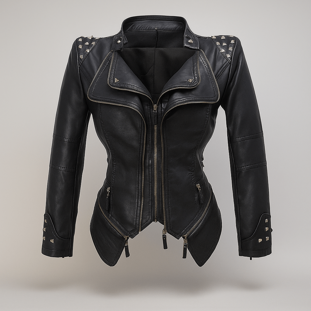 Dames Leren Jas - Aansluitende Biker - Studded Kraag - Mouwen met Rits