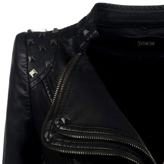 Dames Leren Jas - Aansluitende Biker - Studded Kraag - Mouwen met Rits