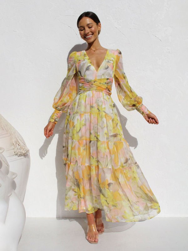 Leira Maxi Zomerjurk met V - hals en Lange Mouwen - Zova - Fashion - Maxi Jurk