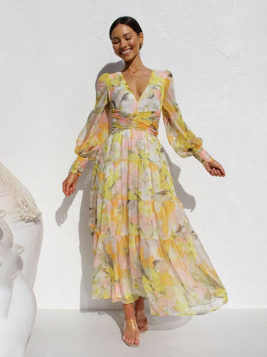 Leira Maxi Zomerjurk met V - hals en Lange Mouwen - Zova - Fashion - Maxi Jurk
