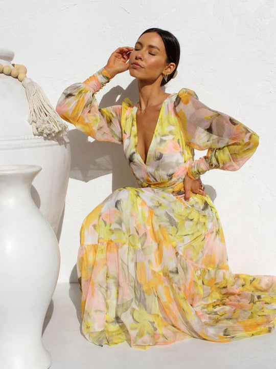 Leira Maxi Zomerjurk met V - hals en Lange Mouwen - Zova - Fashion - Maxi Jurk