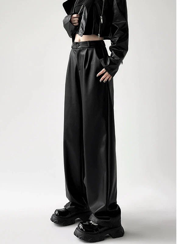 Leren Pantalon Dames met Hoge Taille en Wijde Pijpen - Elegante Geplooide Pasvorm - ZovaFashion - Lange Broek Dames