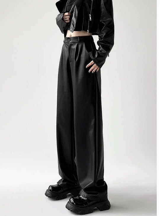 Leren Pantalon Dames met Hoge Taille en Wijde Pijpen - Elegante Geplooide Pasvorm - ZovaFashion - Lange Broek Dames