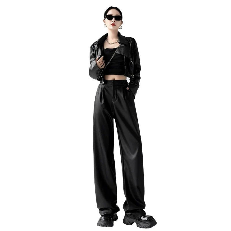 Leren Pantalon Dames met Hoge Taille en Wijde Pijpen - Elegante Geplooide Pasvorm - ZovaFashion - Lange Broek Dames