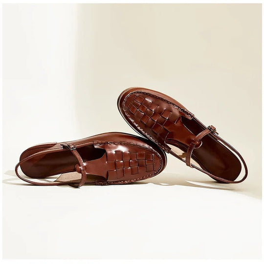 Leren Sandalen Dames met Gevlochten Bovenwerk en Verstelbare Gesp - ZovaFashion - Sandalen Dames