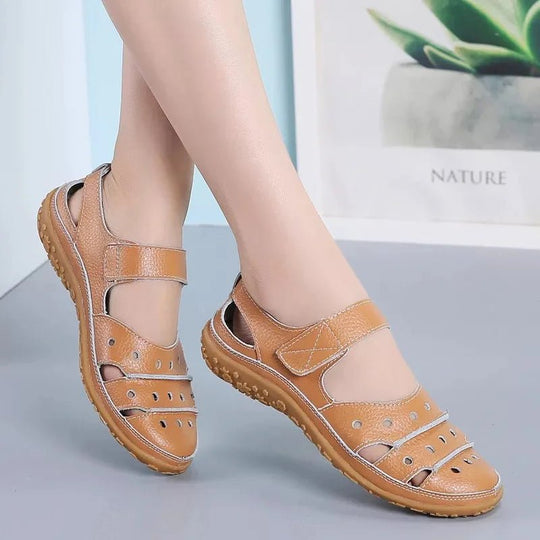 Leren Sandalen Dames met Verstelbare Bandjes en Geperforeerd Design - ZovaFashion - Sandalen Dames