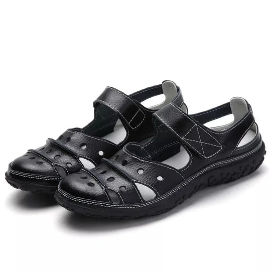 Leren Sandalen Dames met Verstelbare Bandjes en Geperforeerd Design - ZovaFashion - Sandalen Dames