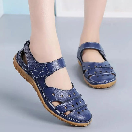 Leren Sandalen Dames met Verstelbare Bandjes en Geperforeerd Design - ZovaFashion - Sandalen Dames