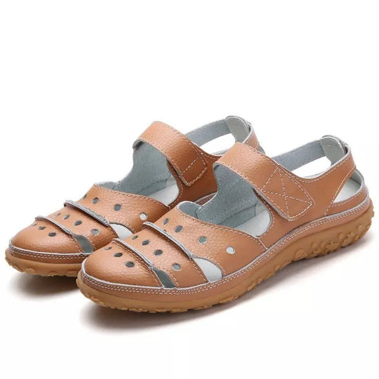 Leren Sandalen Dames met Verstelbare Bandjes en Geperforeerd Design - ZovaFashion - Sandalen Dames