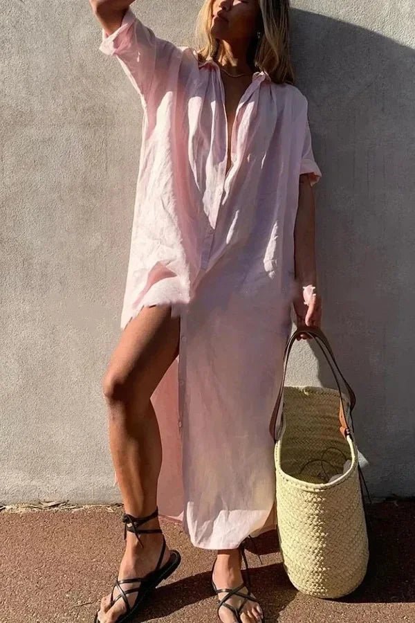Linnen Maxi Zomerjurk met Relaxed Fit en Vouwkraag - Zova - Fashion - Maxi Jurk