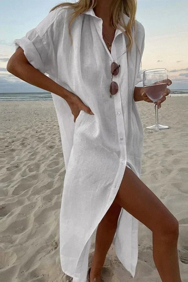 Linnen Maxi Zomerjurk met Relaxed Fit en Vouwkraag - Zova - Fashion - Maxi Jurk
