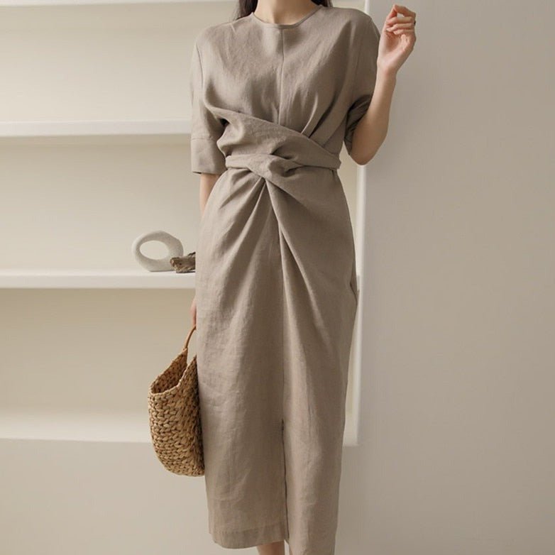 Linnen Midi Zomerjurk Dames met Asymmetrische Taille Drape en Korte Mouwen - ZovaFashion - Midi Jurk