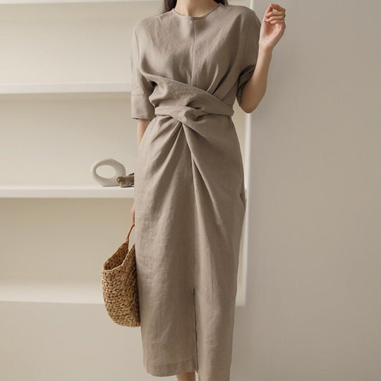 Linnen Midi Zomerjurk Dames met Asymmetrische Taille Drape en Korte Mouwen - ZovaFashion - Midi Jurk
