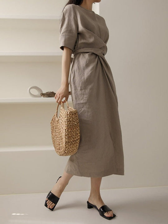 Linnen Midi Zomerjurk Dames met Asymmetrische Taille Drape en Korte Mouwen - ZovaFashion - Midi Jurk
