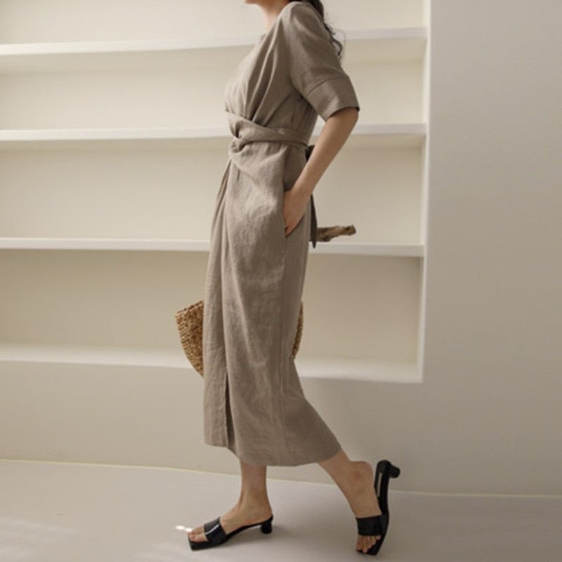 Linnen Midi Zomerjurk Dames met Asymmetrische Taille Drape en Korte Mouwen - ZovaFashion - Midi Jurk