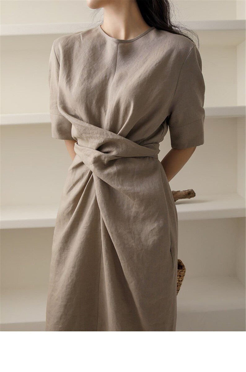 Linnen Midi Zomerjurk Dames met Asymmetrische Taille Drape en Korte Mouwen - ZovaFashion - Midi Jurk