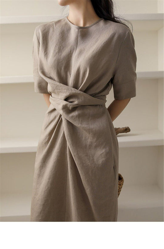 Linnen Midi Zomerjurk Dames met Asymmetrische Taille Drape en Korte Mouwen - ZovaFashion - Midi Jurk