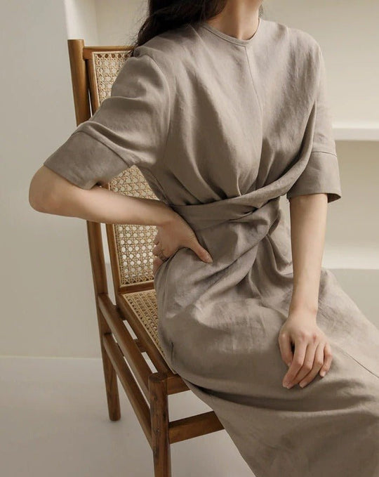 Linnen Midi Zomerjurk Dames met Asymmetrische Taille Drape en Korte Mouwen - ZovaFashion - Midi Jurk