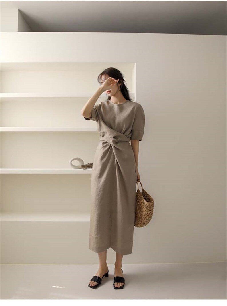 Linnen Midi Zomerjurk Dames met Asymmetrische Taille Drape en Korte Mouwen - ZovaFashion - Midi Jurk