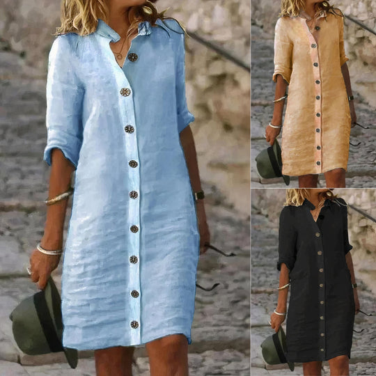 Linnen Midi Zomerjurk met Knoopsluiting en Overhemdkraag - ZovaFashion - Midi Jurk