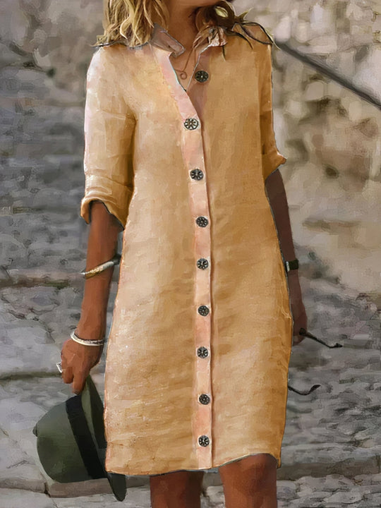Linnen Midi Zomerjurk met Knoopsluiting en Overhemdkraag - ZovaFashion - Midi Jurk